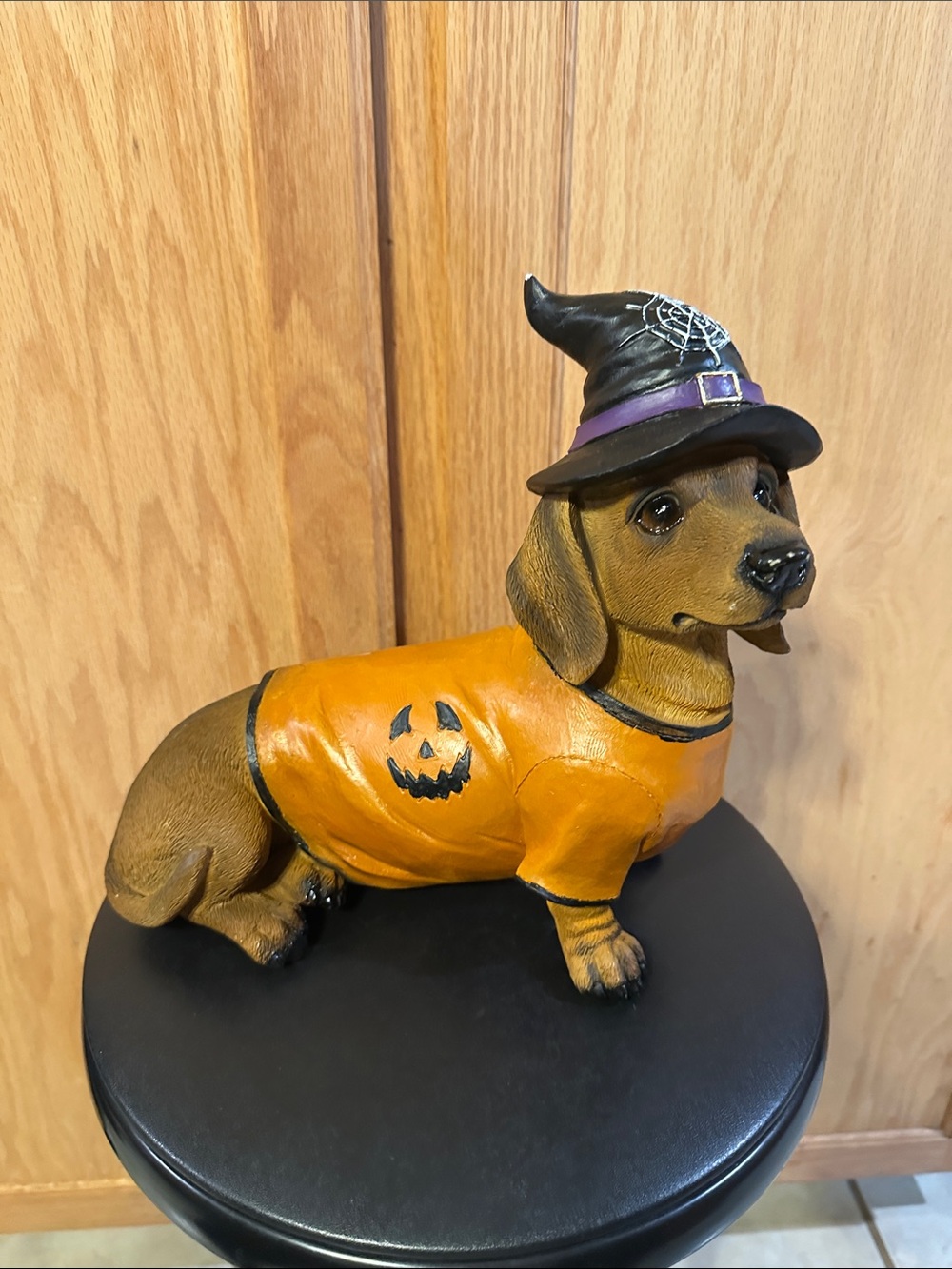 Dog Halloween Figurine in Orange Witch Hat Costume